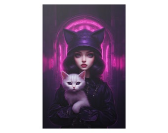 Punk Purrfection Surreal Art: Unleash the Electric Dream with a Punk Surrealist Twist! neon pink poster, pink girl poster, neon punk art