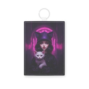 Porta-cartões Cyberpunk Cat Girl Porta-chaves de couro sintético Saffiano