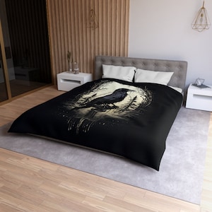 Night&#39;s Sentinel Duvet Cover, Microfiber, Black Raven Gothic Duvet Cover. Cover only, requires duvet. Dark academia, dark art, goth