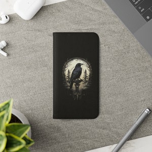 Night's Sentinel Flip Caso Funda de teléfono Gothic Raven Flip Funda de teléfono Dark Academia Funda de teléfono Dark Art Flip Case s22 s21 iphone 13 12 11