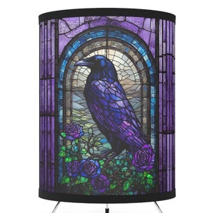 Raven Stained Glass Lamp - raven lamp, stained glass purple blue lamp, gothic lamp, unique lamp, bedside table lamp, gift lamp dark academia