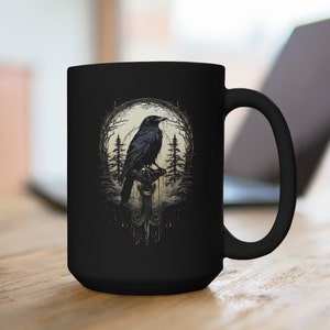 Night's Sentinel 15oz Large Black Mug - Original art on a mug, black raven mug, gothic mug, raven mug, dark academic mug, raven gift, Odin