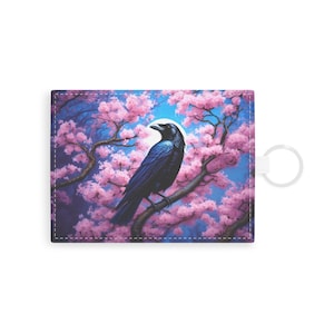 Porta-cartões Raven e Cherry Blossom em couro sintético Saffiano com chaveiro