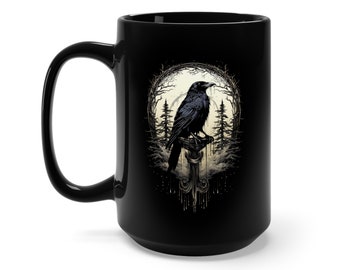 Night's Sentinel 15oz Large Black Mug - Original art on a mug, black raven mug, gothic mug, raven mug, dark academic mug, raven gift, Odin