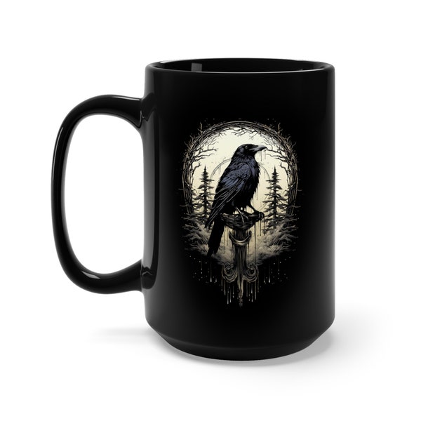 Night's Sentinel 15oz Large Black Mug - Original art on a mug, black raven mug, gothic mug, raven mug, dark academic mug, raven gift, Odin