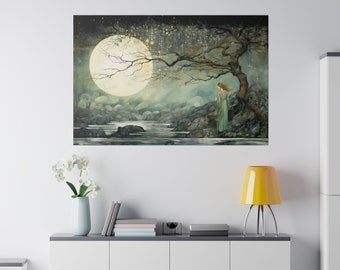 Her Lunar Reflections, Matte Canvas Tree and moon watercolor art tree of life wall art surreal redhead canvas moon surreal peaceful Celtic