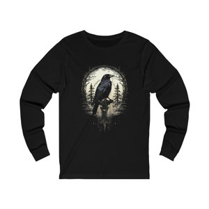 Black Raven Long Sleeve t-shirt. Black Gothic Raven T-shirt, raven t-shirt, gothic t-shirt, dark academia, jersey knit, black long sleeve
