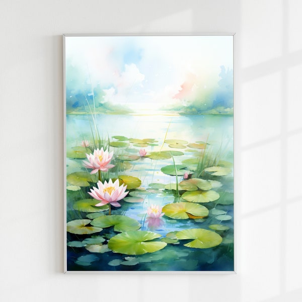 Aquarell Malerei Bild eines Teichs mit Seerosen zum Ausdrucken, Landschaft Wandkunst, druckbare Wanddekoration, Wasserfarben Leinwanddruck