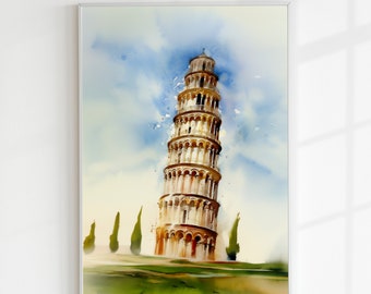 Watercolor Painting of Leaning Tower of Pisa Printable, Landscape Wall Art, Printable Wall Decor, Watercolor Canvas Print