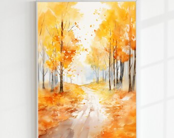 Aquarell Malerei Bild eines Waldes im Herbst zum Ausdrucken, Landschaft Wandkunst, druckbare Wanddekoration, Wasserfarben Leinwanddruck