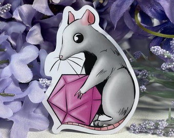 Rat with D20 2.5" Vinyl Sticker - Dungeons and Dragons TTRPG Cute Animal Accessory and Decor