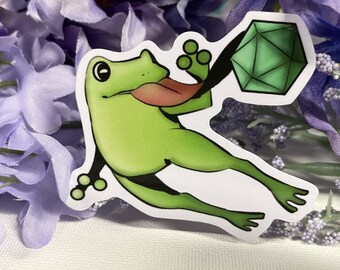 Frog with D20 2.5" Vinyl Sticker - Dungeons and Dragons TTRPG Cute Animal Accessory and Decor