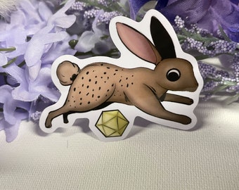 Rabbit with D20 2.5" Vinyl Sticker - Dungeons and Dragons TTRPG Cute Animal Accessory and Decor