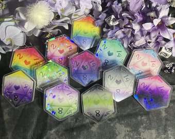 Pride Flag Holographic D20 2 " Acrylic Pin - Dungeons and Dragons TTRPG Accessory and Decor