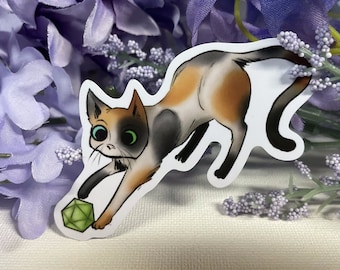 Cat with D20 2.5" Vinyl Sticker - Dungeons and Dragons TTRPG Cute Animal Accessory and Decor