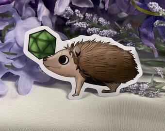 Hedgehog with D20 2.5" Vinyl Sticker - Dungeons and Dragons TTRPG Cute Animal Accessory and Decor