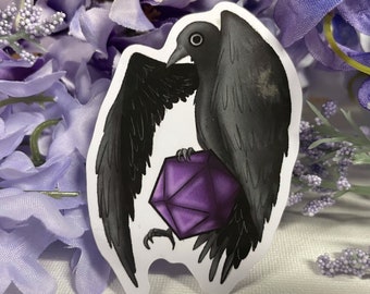 Crow / Raven with D20 2.5" Vinyl Sticker - Dungeons and Dragons TTRPG Cute Animal Accessory and Decor