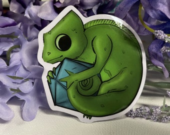 Chameleon with D20 2.5" Vinyl Sticker - Dungeons and Dragons TTRPG Cute Animal Accessory and Decor