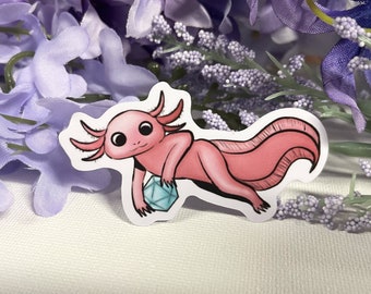 Axolotl with D20 2.5" Vinyl Sticker - Dungeons and Dragons TTRPG Cute Animal Accessory and Decor
