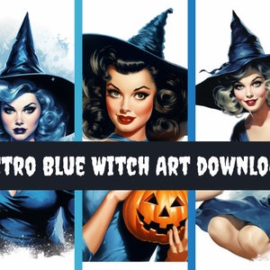 10 prachtige blauwe retro heksen: betoverende nostalgie en Halloween-magie in digitale kunst 10 "x 10"