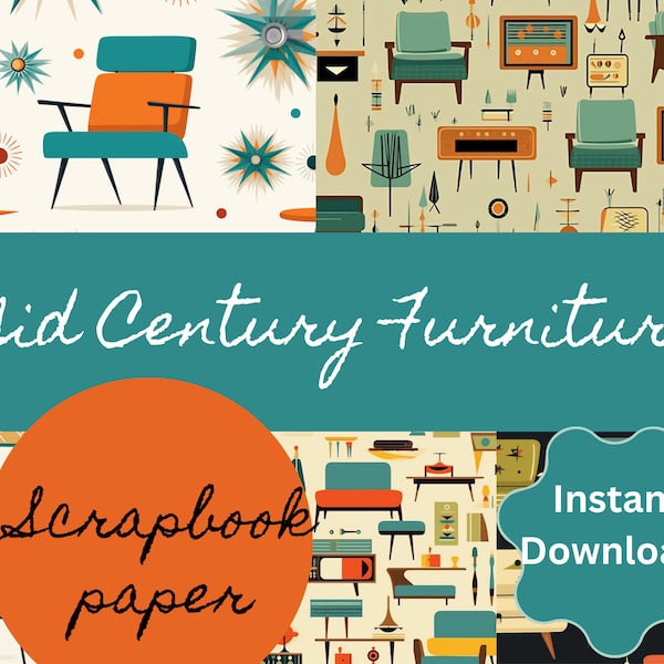12 Mid-Century Modern Furniture Patterns for Scrapbooking and Junk Journaling 12x12 300 DPI High-Quality Designs collage making