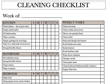 May include: A printable cleaning checklist with a weekly tasks section. The checklist is divided into sections for the kitchen, bathroom, bedroom, and living room. Each section has a grid for marking off daily tasks.