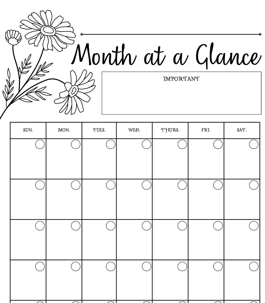 Printable Month at a Glance - Black &amp; White - Etsy