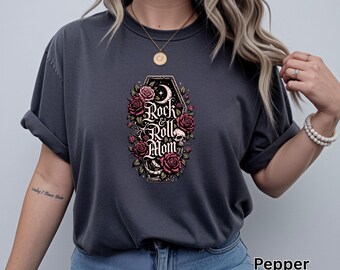 Rock and Roll Mom Shirt, Gothic Coffin T-Shirt with Roses, Pastel Goth Mom Gift, Tattoo Style Mother's Day Tee, Alt Rock Mama Comfort Colors