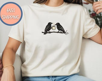Two Crows on Branch with Coffee Cup Tee, Raven Bird Illustration, Bird Lover Gift