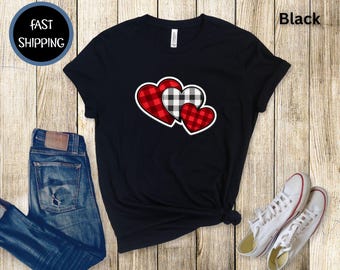 Valentines Day Shirt, Buffalo Plaid Hearts T-Shirt, Valentines Shirt,  Red Black White Heart Graphic Tee