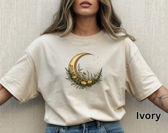 Viking Floral Moon Shirt, Crescent Moon Shirt, Thistle Floral Design, Cottagecore Witchy Shirt, Celestial Nature Tee, Boho Moon Graphic