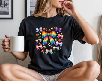 Coquette LGBTQ Shirt, Queer Pride Tee, Pride Shirt, Rainbow Bow Cluster T-Shirt, Pride Colors