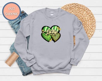 Lucky Heart Sweatshirt, St Pattys Day Shirt, Shamrock Clover Sweater, St. Patrick's Day Shamrock Green Glitter