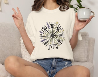 Viking Wildflower Vegvísir Compass T-Shirt, Viking Compass Shirt, Icelandic Rune Symbol, Nordic Protection Shirt, Comfort Colors