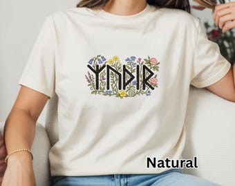 Viking Runes "Mother" Wildflower Pattern T-Shirt, Mother's Day Tee, Viking Floral Tee, Norse Mythology Shirt, Viking Inspired Clothing