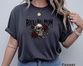 Rock and Roll Mom Shirt, Gothic Skull T-Shirt with Roses, Tattoo Style Mother's Day Tee, Alt Rock Mama Clothes, Comfort Colors