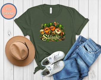 St Pattys Day Shirt, Sláinte Leprechaun Trio T-Shirt | Irish St. Patrick's Day Beer Cheers