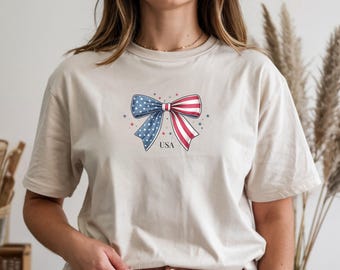 Coquette 4th of July Bow Shirt, American Flag Bow T-Shirt, Patriotic Stars and Stripes Bow Tee, Comfort Colors