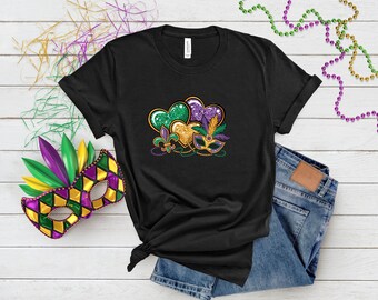 Mardi Gras Hearts, Mask and Beads Tee | Purple Green Gold Carnival T Shirt
