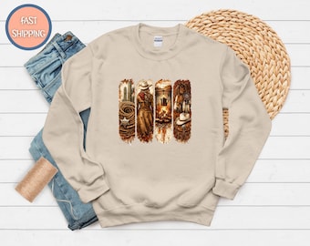 Vintage Cowgirl Western Sweater, Western Cowboy Country Scene Crewneck Sweatshirt, Rodeo Panels