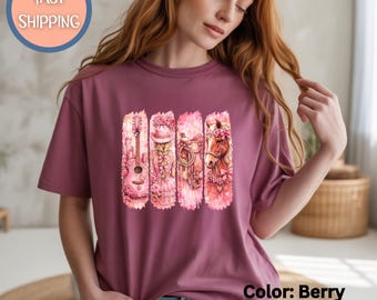 Coquette Cowgirl  T-Shirt, Cowboy Country Girl Panels Shirt, Pink Graphic Tee with Cowgirl Boots, Western Guitar