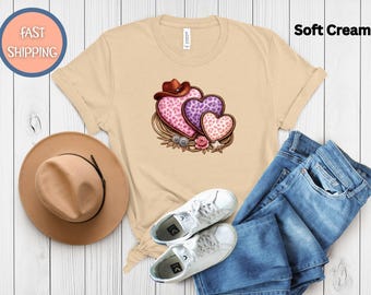 Cowgirl Valentine Heart Tee, Western Leopard Hearts T Shirt, Country Girl Floral and Hat Shirt