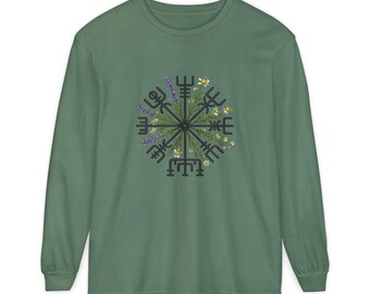 Viking Wildflower Vegvísir Compass T-Shirt, Viking Compass Shirt, Icelandic Rune Symbol, Nordic Protection Shirt