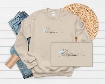 Mama Sweatshirt, Floral Mama Sweatshirt, Minimalist Delicate Wildflowers, Script 'mama',