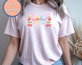 Rainbow Bow with Strawberries and Cherries Coquette T-shirt, Pastel Cherry Fruit Graphic, Comfort Colors