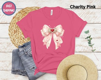 Pink Valentine Coquette Heart Bow T-Shirt, Pink Bow Shirt,  Valentine Bow Graphic Tee, Vintage Cottage Core Style Lace Bow