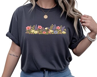Wildflower Border T-shirt,  Floral Row Design, Grandma Shirt, Gardener Shirt, Comfort Colors