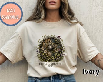 Viking Wildflower Shield T-Shirt, Viking Mythology Shirt, Viking Inspired Tee, Norse Floral T-Shirt, Rooted in Strength,