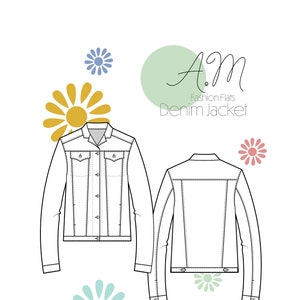 Op de afbeelding: Een lijntekening van een spijkerjack met een knoopsluiting en lange mouwen. Het jack wordt van voren en achteren getoond. De tekst "A.M. Fashion Flats Denim Jacket" staat boven de afbeelding.