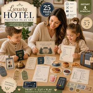 Könnte beinhalten: Ein skandinavisches Rollenspiel-Set für Kinder mit verschiedenen illustrierten Karten und Requisiten. Enthält ein Hotelschild, Pässe, Menüs und eine Kreditkarte. Das Set ist für Kinder im Alter von 3-7 Jahren konzipiert.